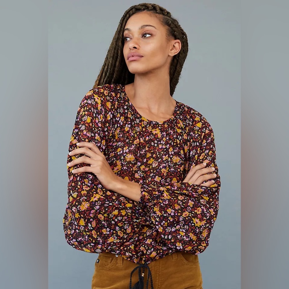 by Anthropologie Pauline Balloon-Sleeved Blouse Floral Black Tie Semi Sheer Top